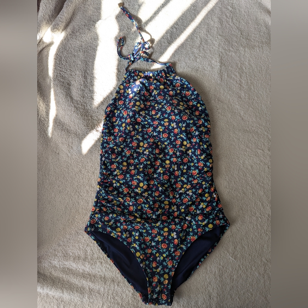 Lands' End Navy Floral Halter One-Piece Swimsuit